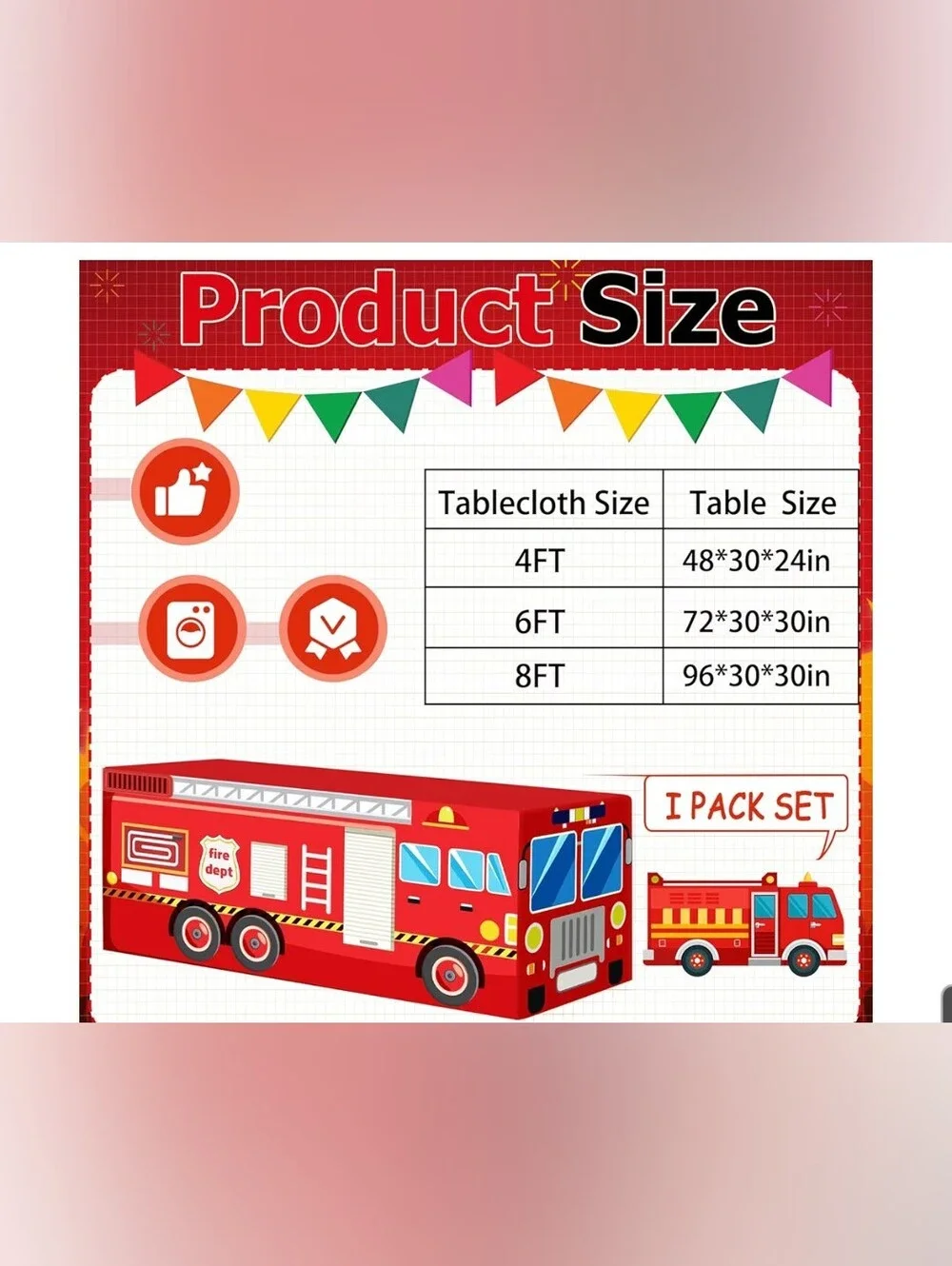 Kids Red Fire Truck Table Cover - Fun Party Decoration Fits 4 Ft Table